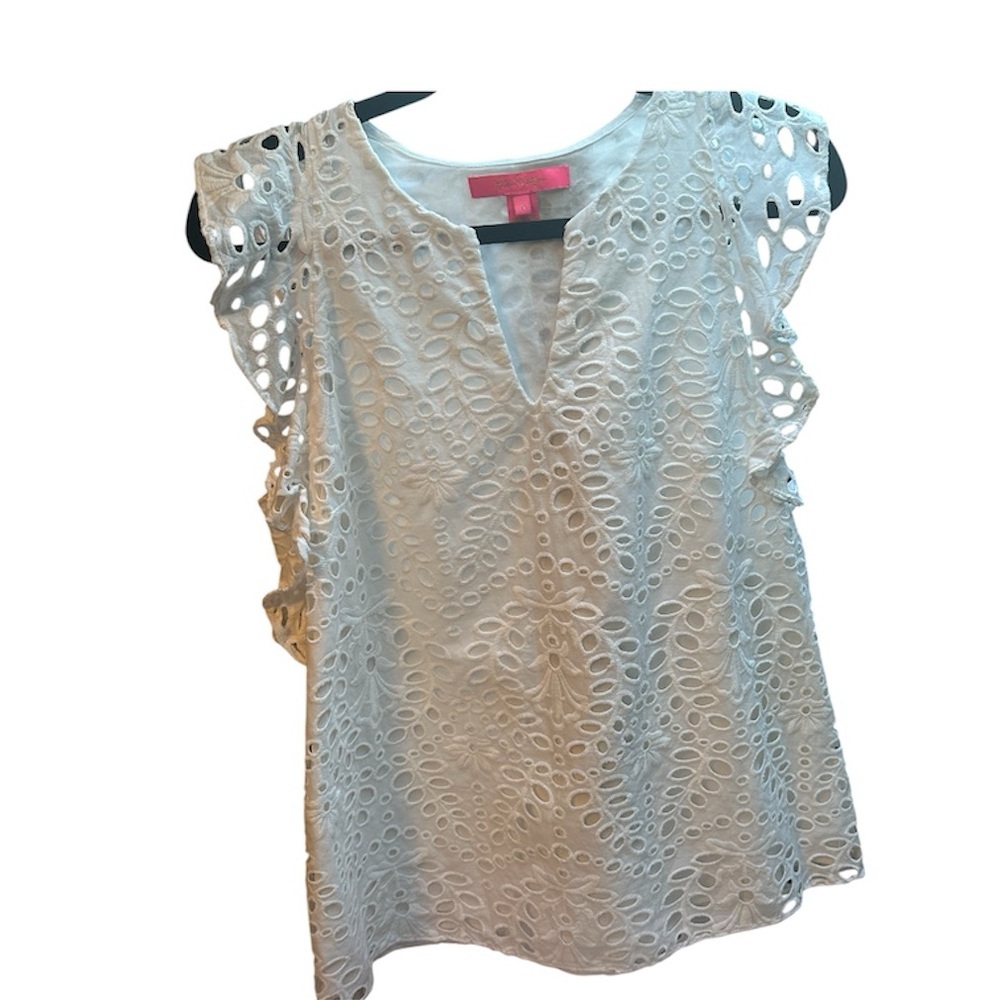 Lilly Pulitzer Size S Faun Top Resort White Large Petal Eyelet Blouse - Picture 6 of 12